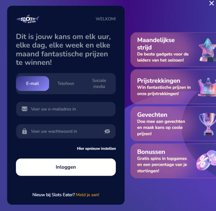 Slots Eater Casino inlogscherm met promoties, bonussen en prijstrekkingen