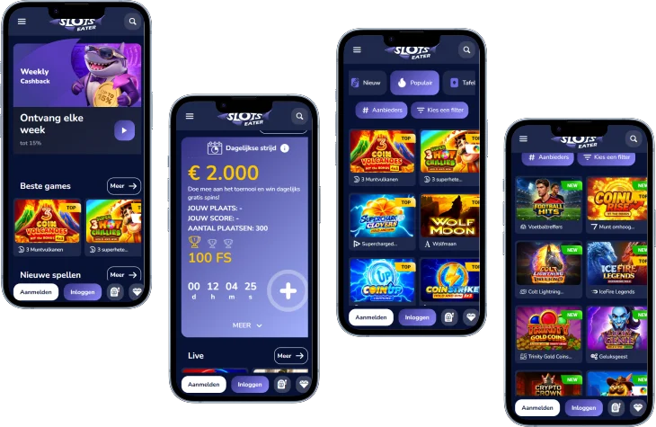 Slots Eater Casino mobiele weergave met spellen, promoties en toernooien